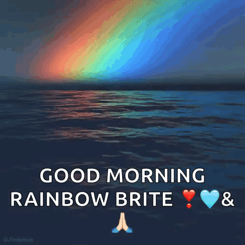 A Picture Of A Rainbow Over A Body Of Water With The Words Good Morning Rainbow Brite GIF