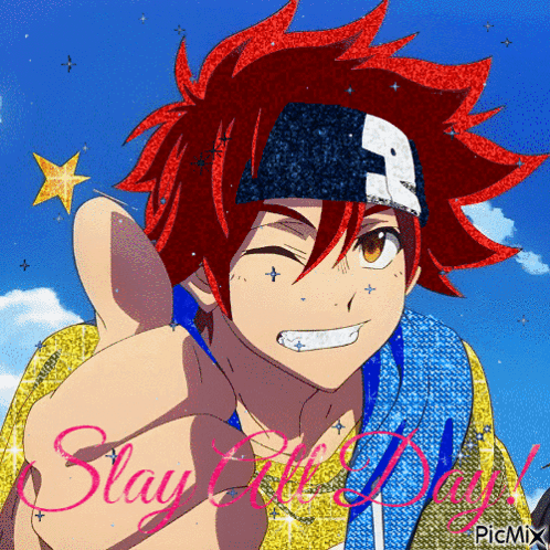 A Picture Of A Red Haired Anime Character Giving A Thumbs Up With The Words Stay Cool Day Written Below Him GIF
