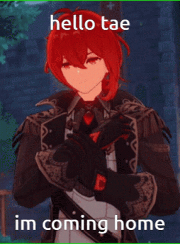A Picture Of A Red Haired Anime Character With The Words Hello Tae Im Coming Home Below It GIF
