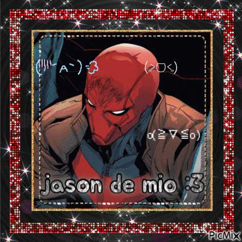 A Picture Of A Red Hood With The Words Jason De Mio 3 On It GIF