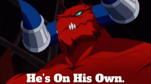 Red Monster With Blue Horns And On His Own GIF