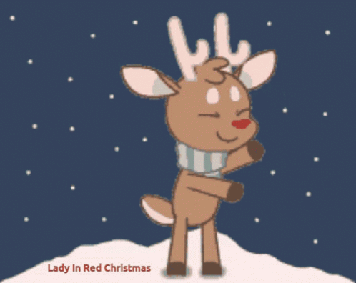 A Picture Of A Reindeer With The Words Lady In Red Christmas On The Bottom GIF