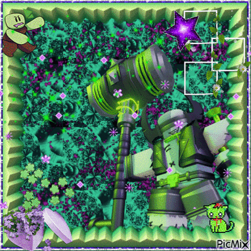 A Picture Of A Robot Holding A Hammer With A Purple Star In The Middle GIF