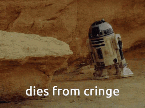 a picture of a robot in the desert with the words dies from cringe below it