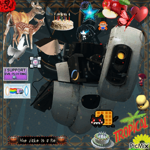 A Picture Of A Robot With A Birthday Cake And A Stamp That Says I Support Evil Plotting On It GIF