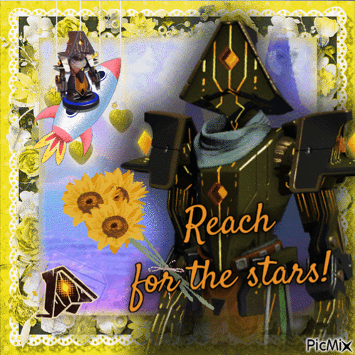 A Picture Of A Robot With Flowers And The Words Reach For The Stars GIF