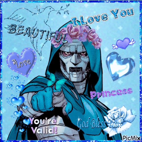 A Picture Of A Robot With Flowers On His Head And The Words " I Love You " At The Top GIF
