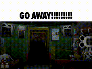 A Picture Of A Room With Stuffed Animals And The Words Go Away GIF