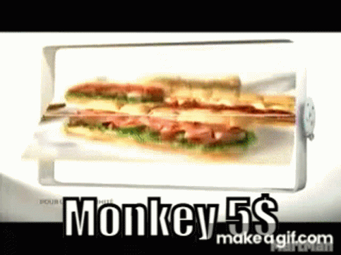 A Picture Of A Sandwich With The Words " Monkey 5 $ " On It GIF