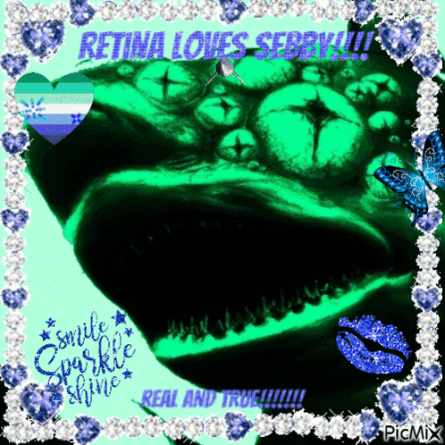 A Picture Of A Shark With The Words " Retina Loves Sorrow " On It GIF