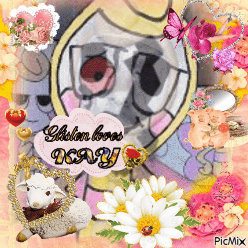 A Picture Of A Sheep And Flowers With The Words " Glisten Loves Day " GIF