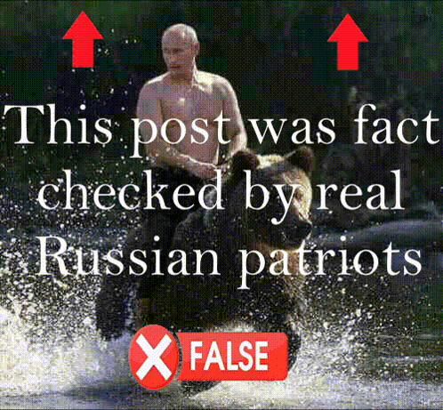 A Picture Of A Shirtless Man Riding A Bear With The Caption This Post Was Fact Checked By Real Russian Patriots X False GIF