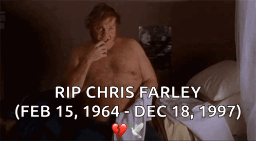 A Picture Of A Shirtless Man Sitting On A Bed With The Words Rip Chris Farley Below Him GIF