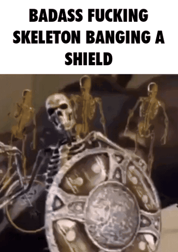 A Picture Of A Skeleton Holding A Shield With The Words Badass Fucking Skeleton Banging A Shield GIF