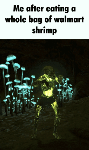 A Picture Of A Skeleton In A Cave With Glowing Mushrooms And The Words Me After GIF