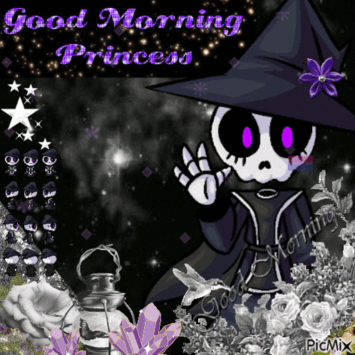 A Picture Of A Skeleton Wearing A Witch Hat With The Words Good Morning Princess GIF