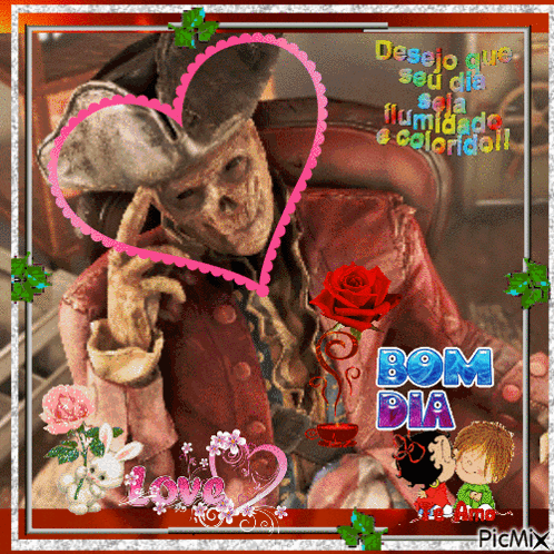A Picture Of A Skeleton With A Heart And The Words Bom Dia On It GIF
