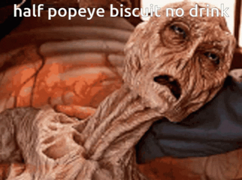 A Picture Of A Skeleton With Half Popeye Biscuit No Drink Written Below It GIF