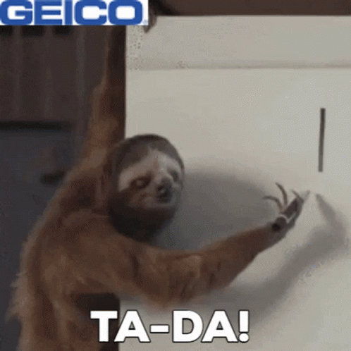 A Picture Of A Sloth With The Words Ta-Da Written Below It GIF