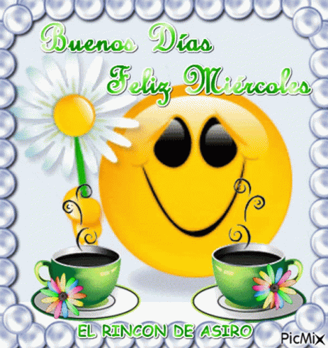 A Picture Of A Smiley Face And Two Cups Of Coffee With The Words Buenos Dias Feliz Miercoles GIF