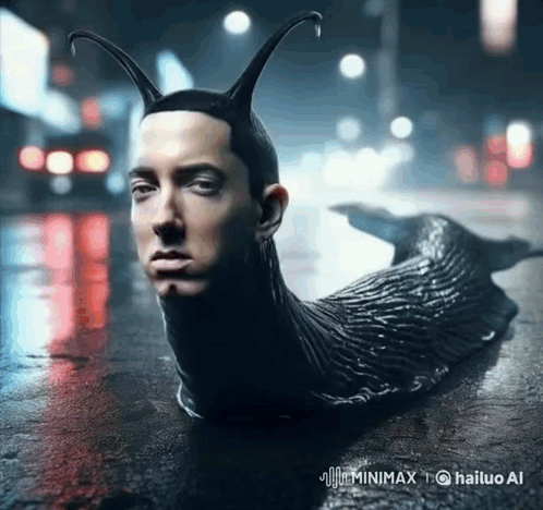 A Picture Of A Snail With A Man 'S Head Coming Out Of It GIF