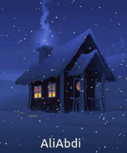 A Picture Of A Snowy Cabin With The Name Aliabdi On The Bottom GIF