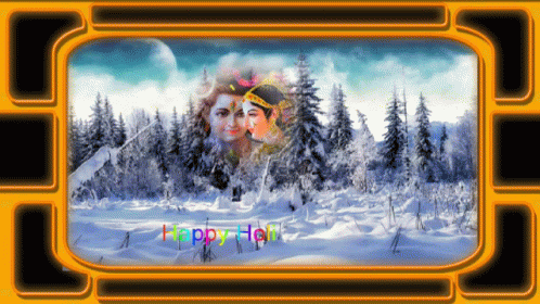 A Picture Of A Snowy Forest With The Words Happy Holi Written On It GIF