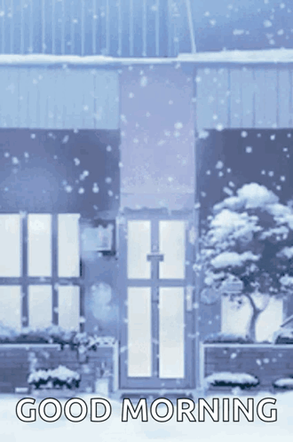 A Picture Of A Snowy House With The Words Good Morning GIF
