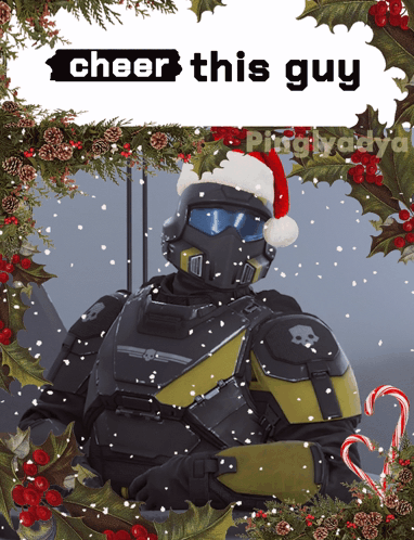 A Picture Of A Soldier Wearing A Santa Hat With The Words Cheer This Guy GIF