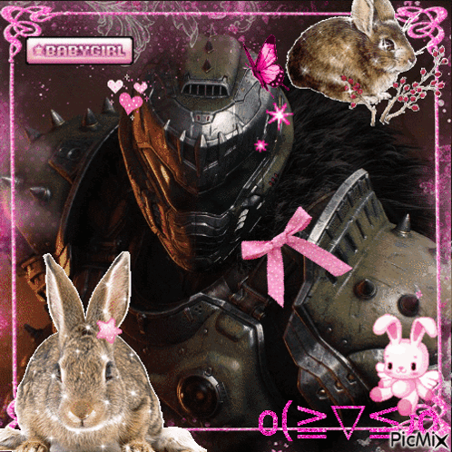 A Picture Of A Soldier With Rabbits And The Words Babygirl On Top GIF