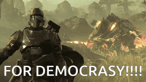 A Picture Of A Soldier With The Words For Democracy Written Below Him GIF