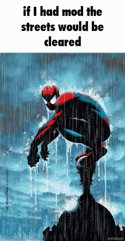 A Picture Of A Spiderman In The Rain With The Caption If I Had Mod The Streets Would Be Cleared GIF