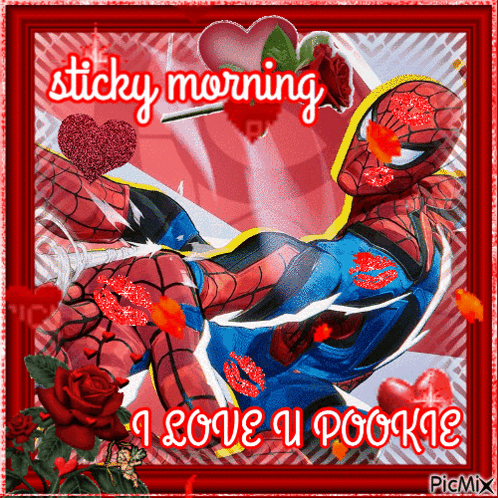 A Picture Of A Spiderman Says Sticky Morning GIF