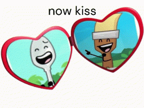 A Picture Of A Spoon And A Brush In A Heart Shaped Frame Says Now Kiss GIF