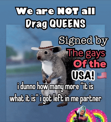 A Picture Of A Squirrel Wearing A Cowboy Hat With The Caption " We Are Not All Drag Queens " GIF