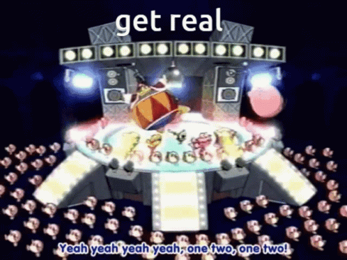 A Picture Of A Stage With The Words Get Real Yeah Yeah Yeah Yeah One Two One Two GIF