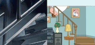 A Picture Of A Staircase Next To A Picture Of A Family Guy House GIF