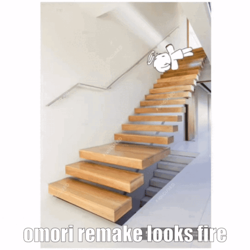 A Picture Of A Staircase With Omori Remake Looks Fire Written On The Bottom GIF