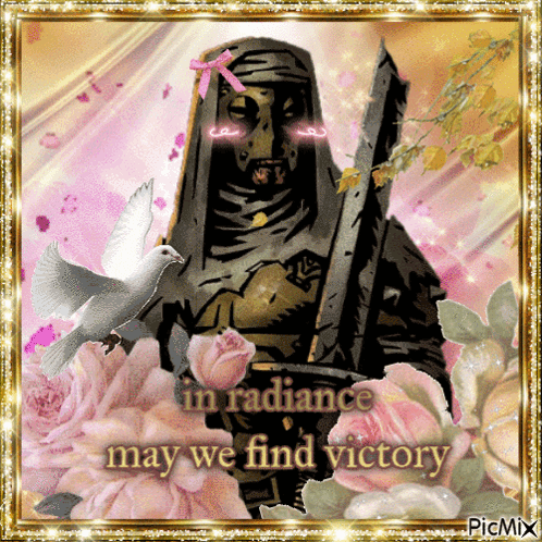 A Picture Of A Statue With The Words In Radiance May We Find Victory Written On It GIF