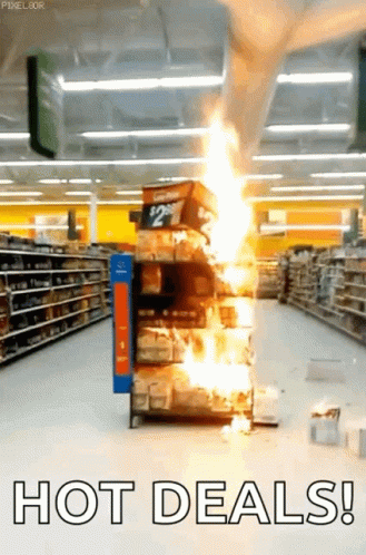 A Picture Of A Store With The Words Hot Deals Written On It GIF