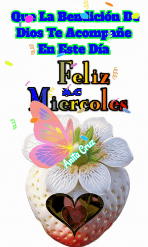 A Picture Of A Strawberry With A Flower And A Butterfly Says Feliz Miercoles GIF