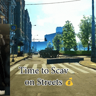 A Picture Of A Street With The Words Time To Scav On Streets Below It GIF