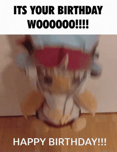 A Picture Of A Stuffed Animal That Says " Happy Birthday " On It GIF