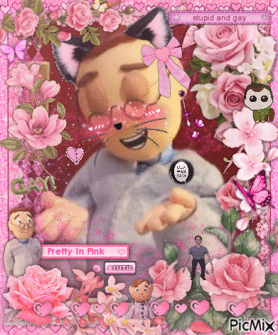 A Picture Of A Stuffed Animal With A Cat Ear Surrounded By Pink Roses GIF