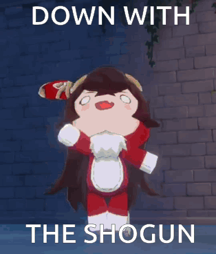 a picture of a stuffed animal with the words down with the shogun on it