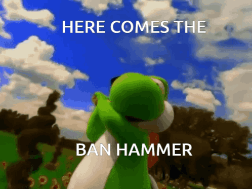 A Picture Of A Stuffed Animal With The Words Here Comes The Ban Hammer GIF
