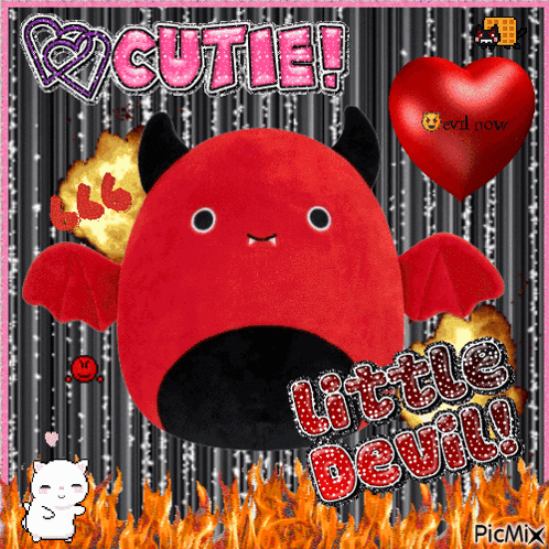 A Picture Of A Stuffed Devil With The Words Little Devil Written On It GIF