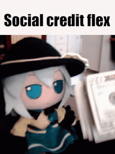 A Picture Of A Stuffed Doll With The Words Social Credit Flex On It GIF