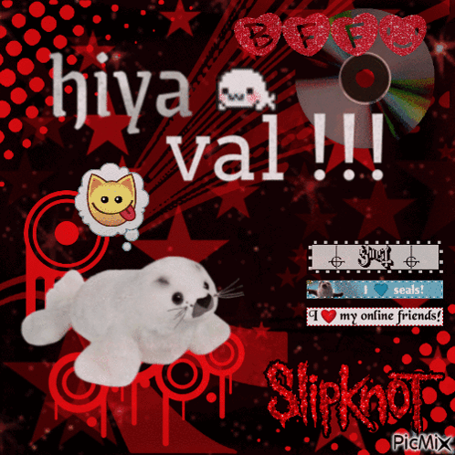 A Picture Of A Stuffed Seal With The Words Hiya Val On It GIF