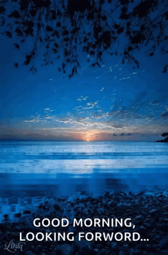 a picture of a sunset over the ocean with the words " good morning looking forward "
